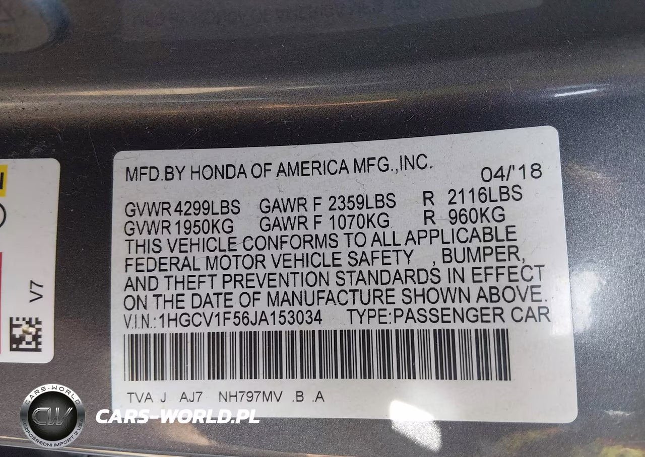 2018 Honda Accord Ex-L VIN:1HGCV1F56JA153034 - 9