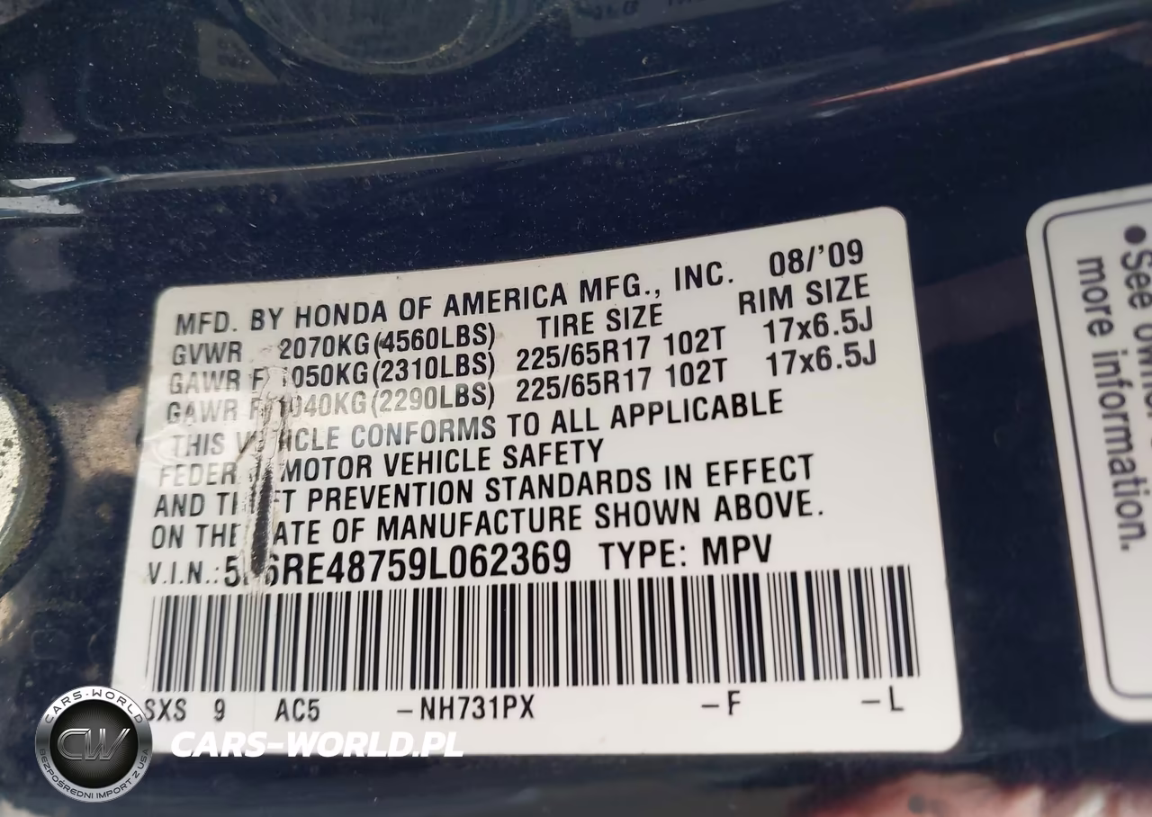 2009 Honda Cr-V Ex-L VIN:5J6RE48759L062369 - 9