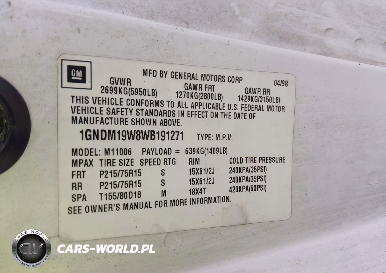 1998 Chevrolet Astro VIN:1GNDM19W8WB191271 - 9