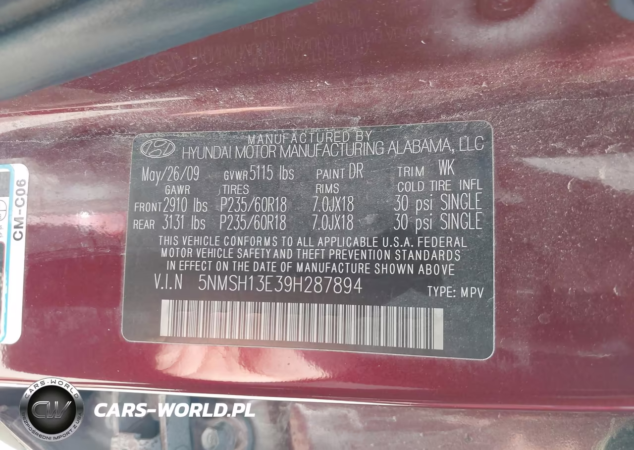 2009 Hyundai Santa Fe Limited VIN:5NMSH13E39H287894 - 9