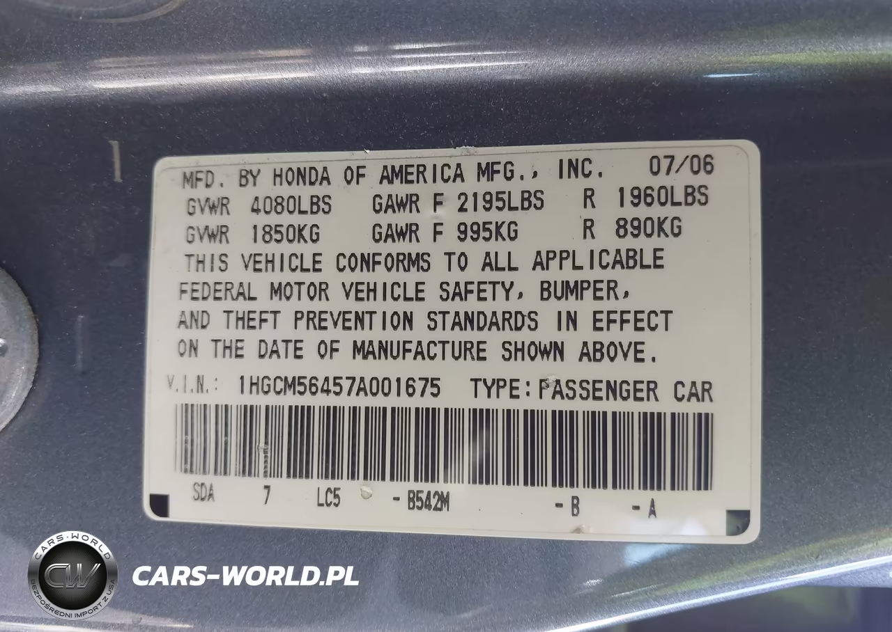2007 Honda Accord 2.4 Lx VIN:1HGCM56457A001675 - 9