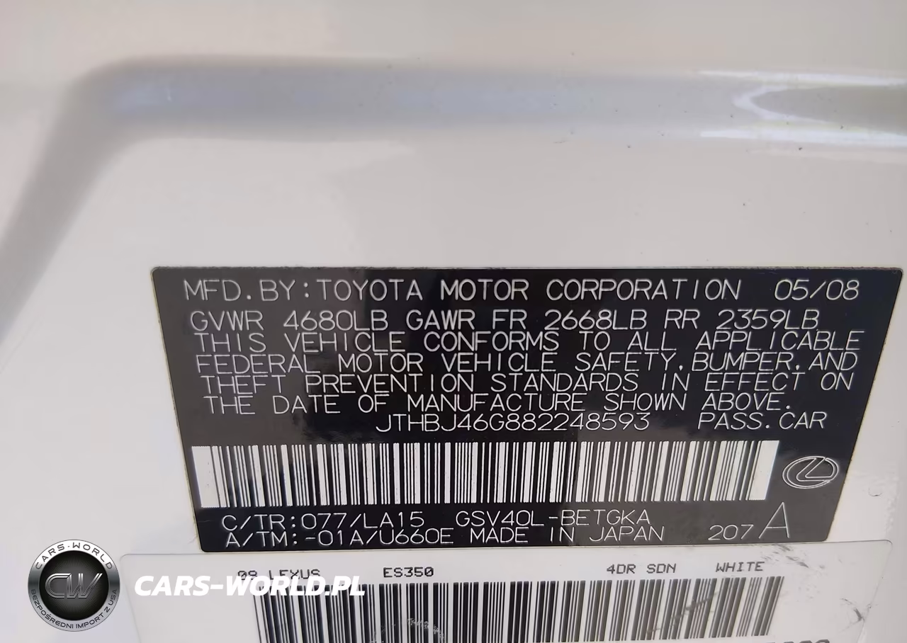 2008 Lexus Es 350 VIN:JTHBJ46G882248593 - 9