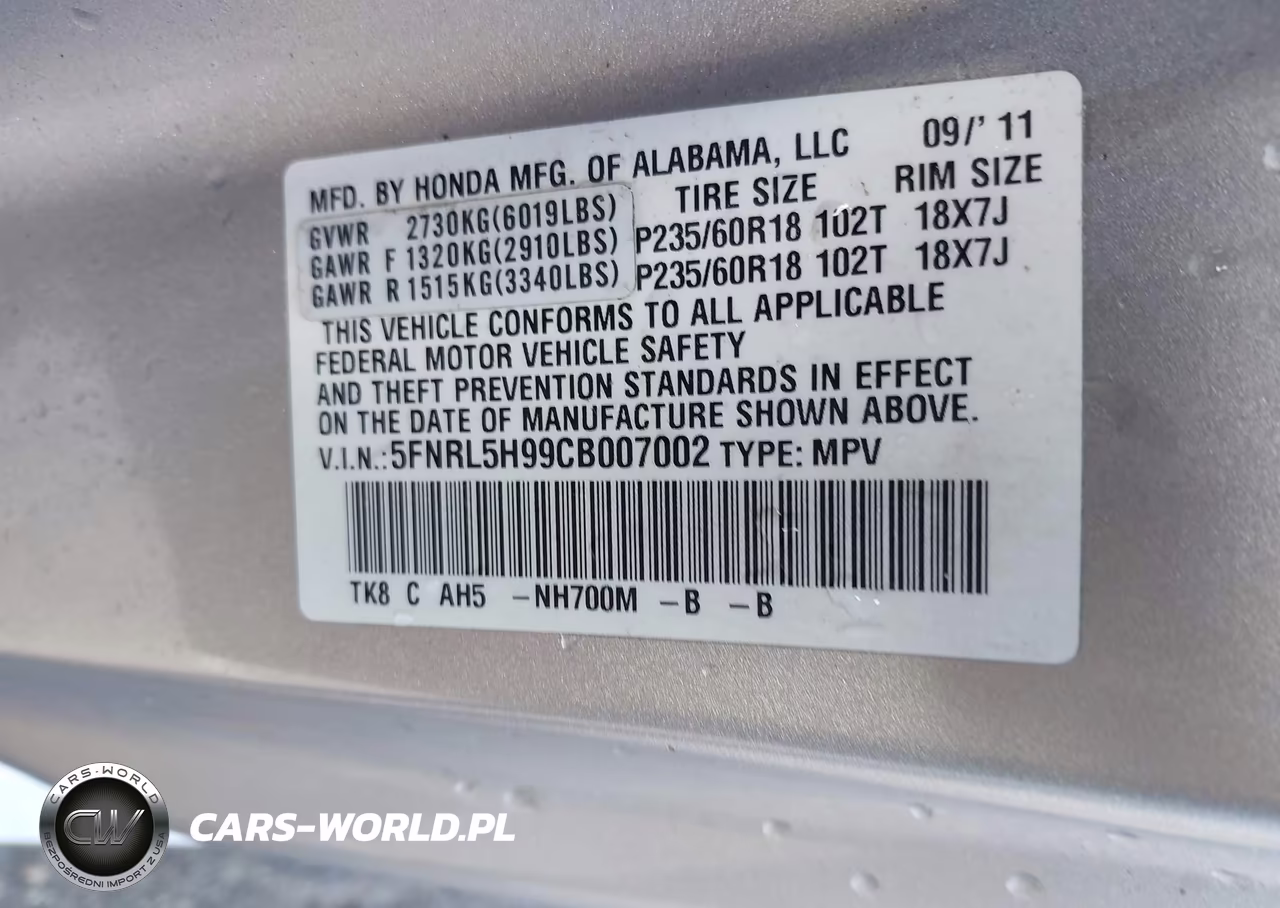 2012 Honda Odyssey Touring-Touring Elite VIN:5FNRL5H99CB007002 - 9