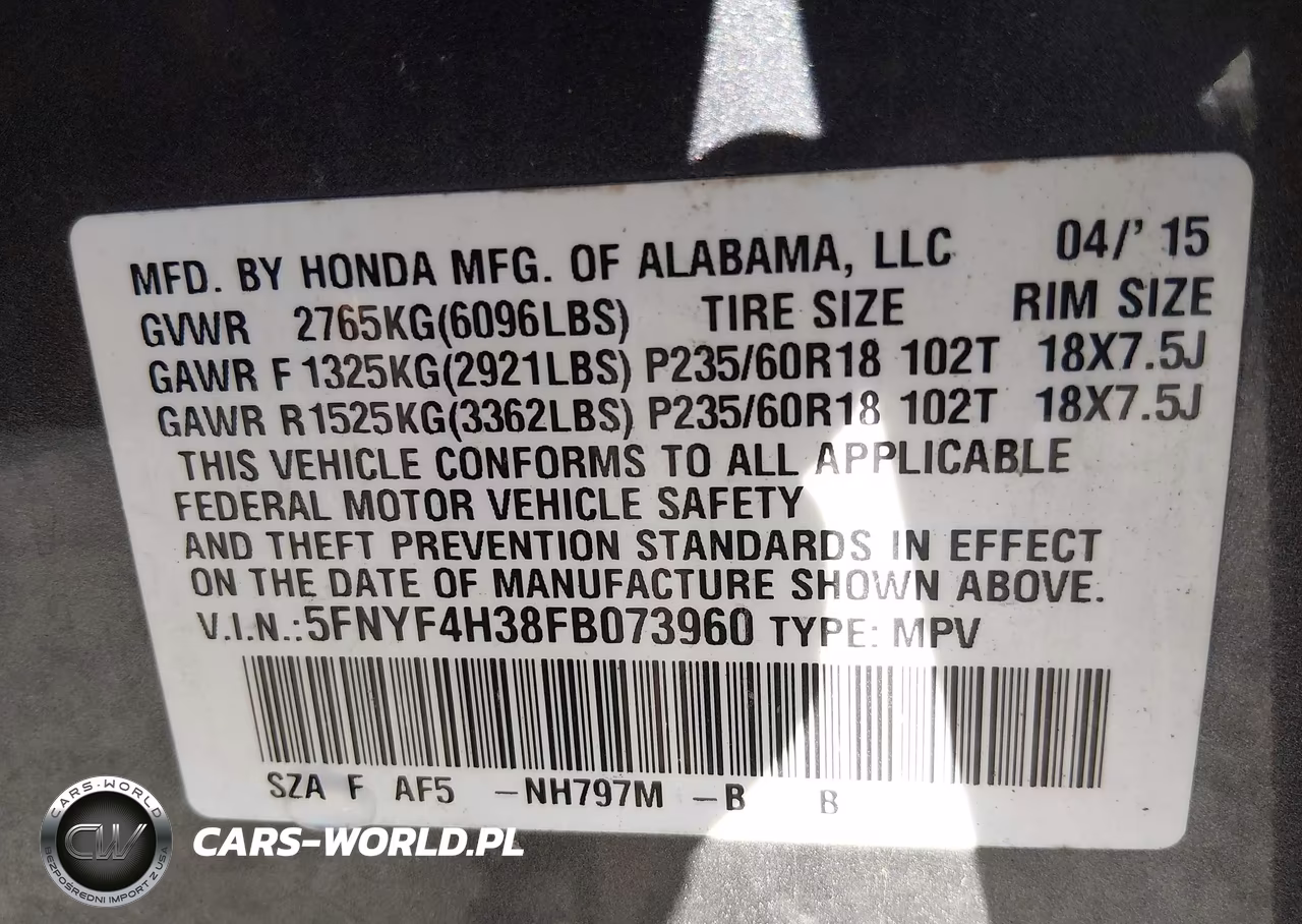 2015 Honda Pilot Se VIN:5FNYF4H38FB073960 - 9
