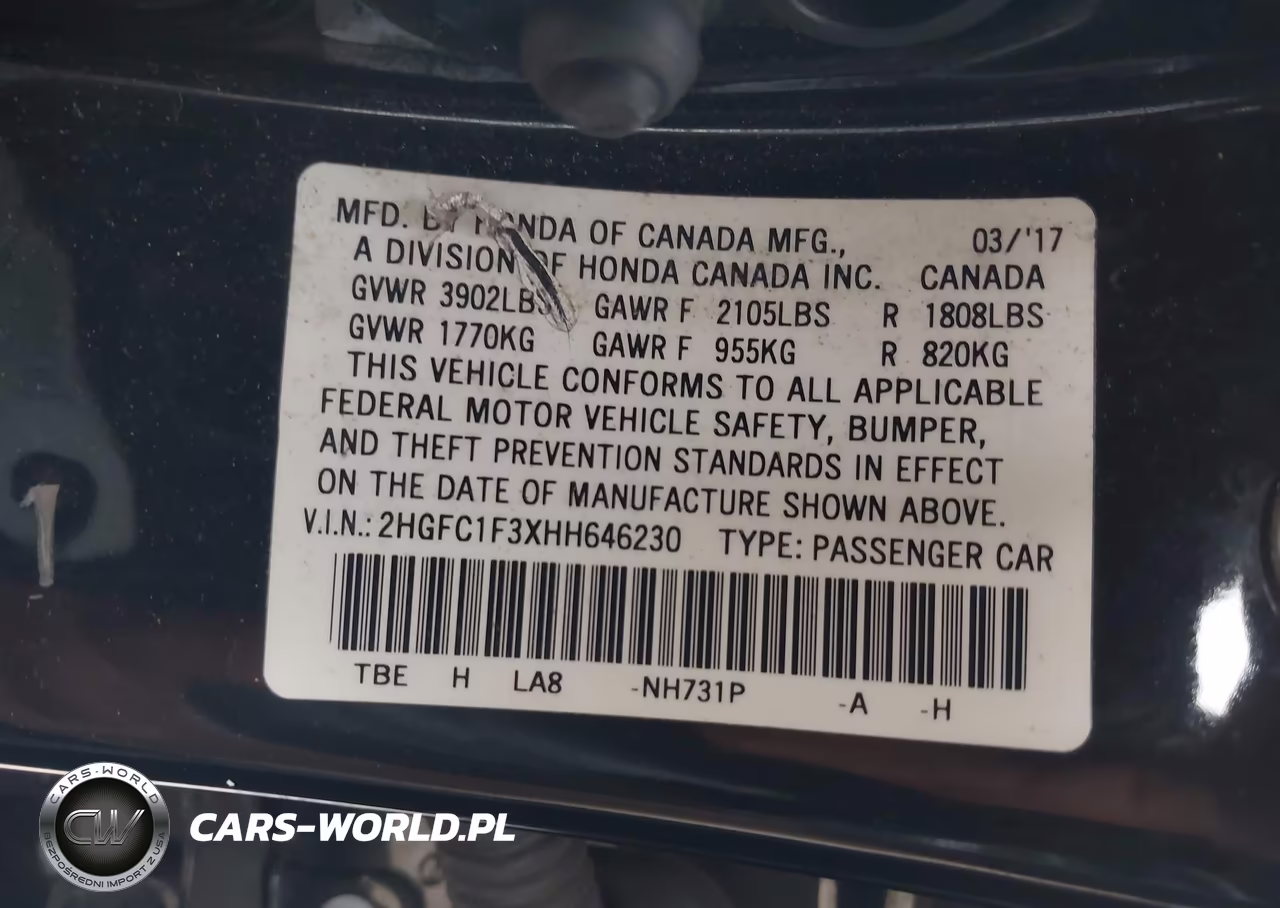 2017 Honda Civic Ex-T VIN:2HGFC1F3XHH646230 - 9