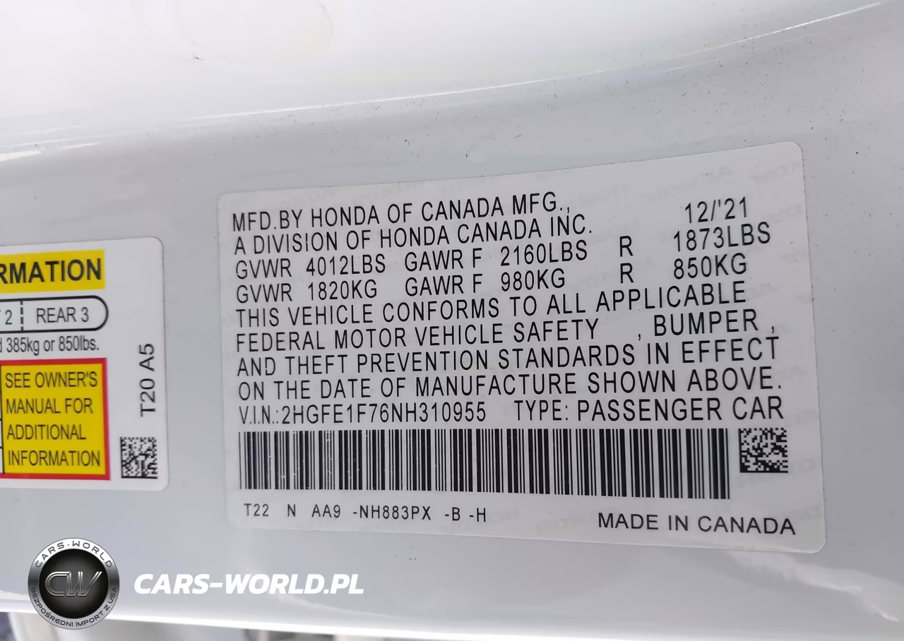 2022 Honda Civic Ex VIN:2HGFE1F76NH310955 - 9