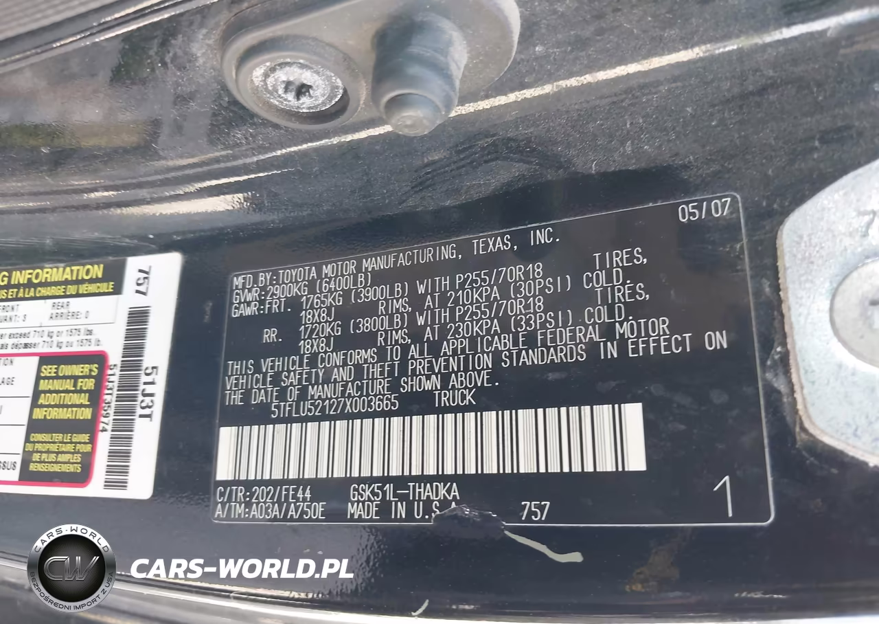 2007 Toyota Tundra Base V6 VIN:5TFLU52127X003665 - 9