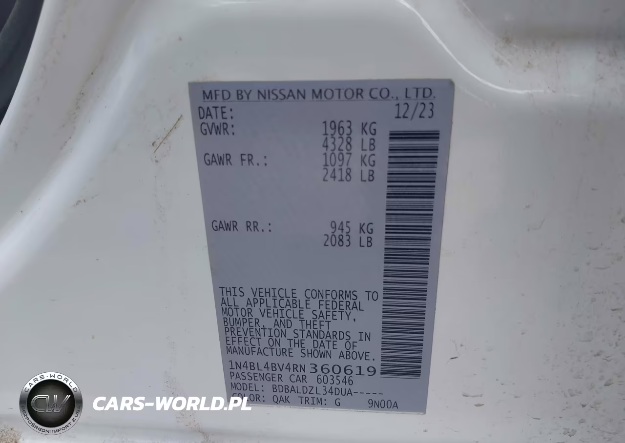 2024 Nissan Altima S Fwd VIN:1N4BL4BV4RN360619 - 9