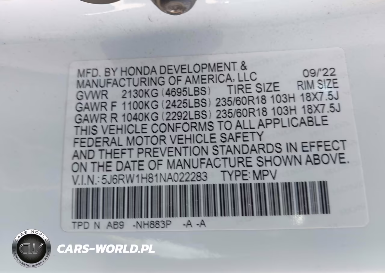 2022 Honda Cr-V 2Wd Ex-L VIN:5J6RW1H81NA022283 - 9