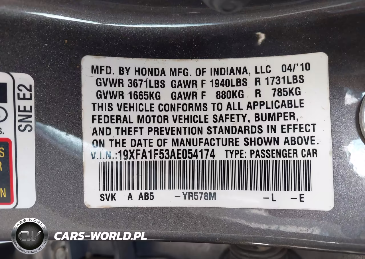 2010 Honda Civic Lx VIN:19XFA1F53AE054174 - 9