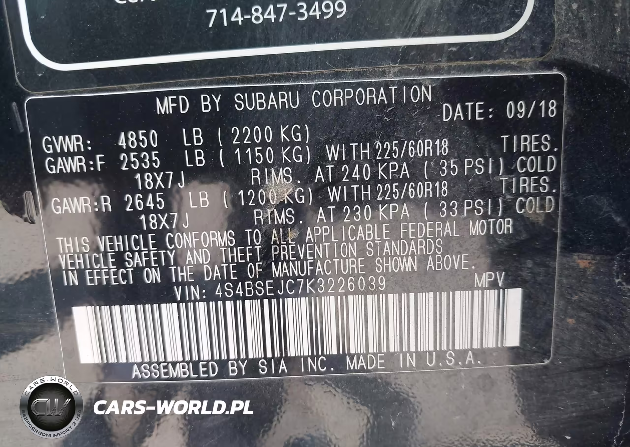 2019 Subaru Outback 3.6R Limited VIN:4S4BSEJC7K3226039 - 9