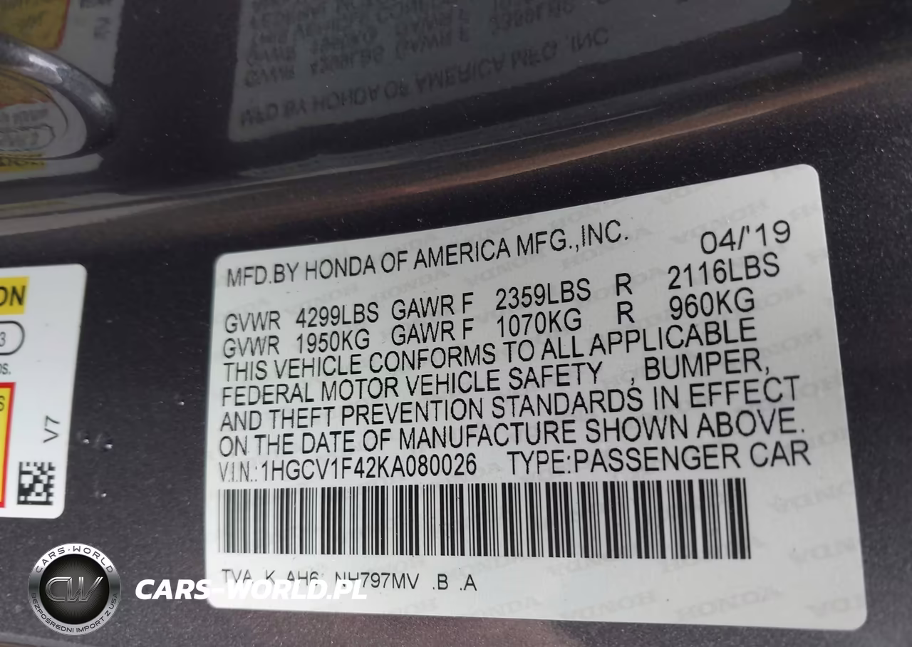 2019 Honda Accord Ex VIN:1HGCV1F42KA080026 - 9