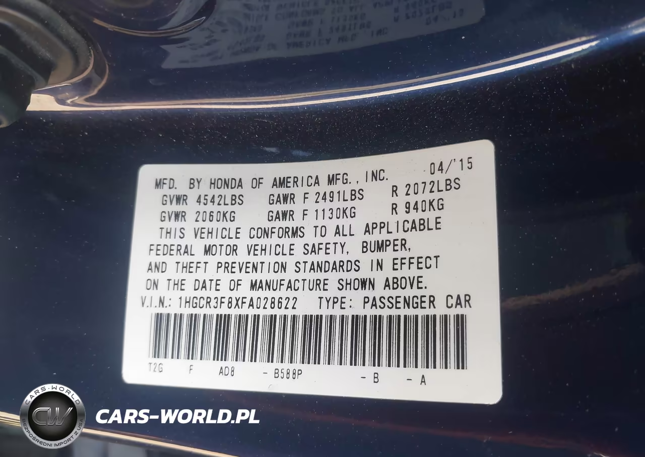 2015 Honda Accord Ex-L V-6 VIN:1HGCR3F8XFA028622 - 9