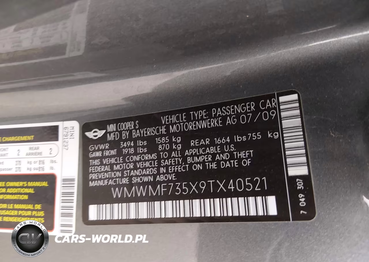2009 Mini Cooper S VIN:WMWMF735X9TX40521 - 9