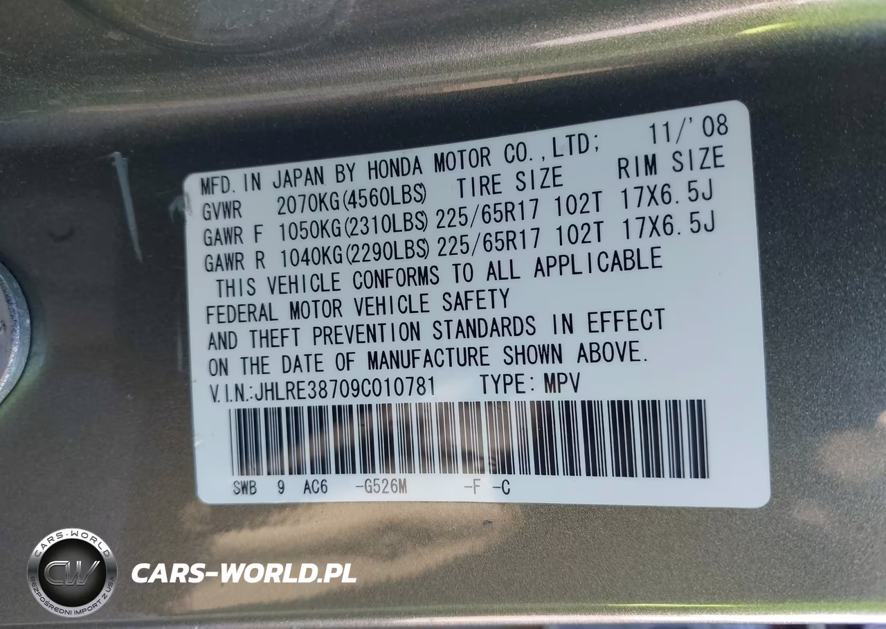 2009 Honda Cr-V Ex-L VIN:JHLRE38709C010781 - 9