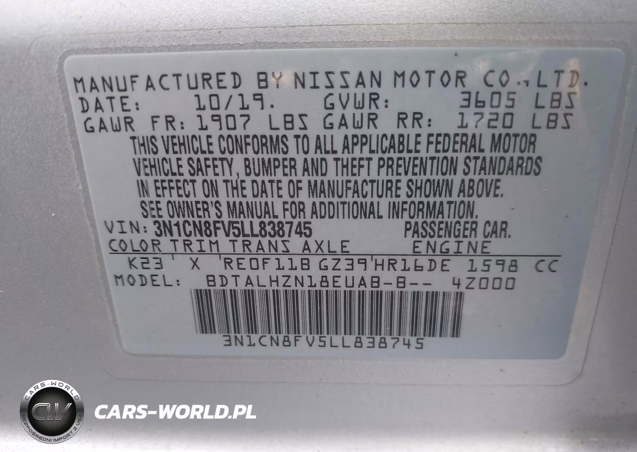 2020 Nissan Versa Sr Xtronic Cvt VIN:3N1CN8FV5LL838745 - 9