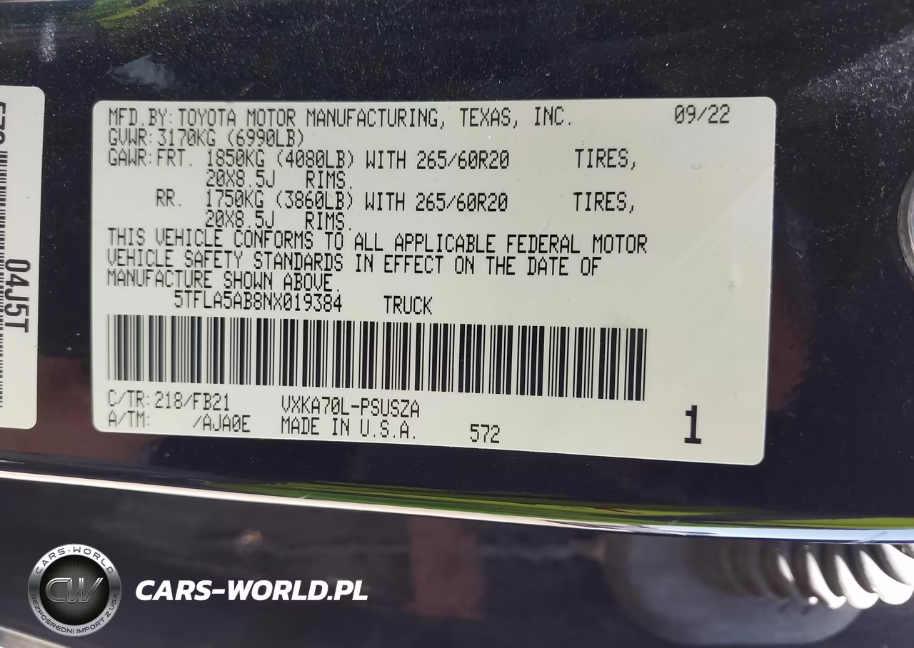 2022 Toyota Tundra Sr5 VIN:5TFLA5AB8NX019384 - 9