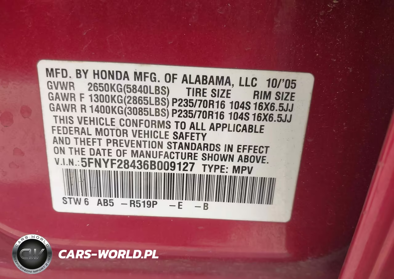 2006 Honda Pilot Ex VIN:5FNYF28436B009127 - 9