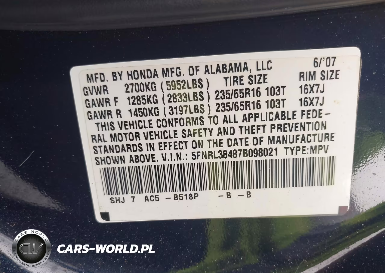 2007 Honda Odyssey Ex VIN:5FNRL38487B098021 - 9