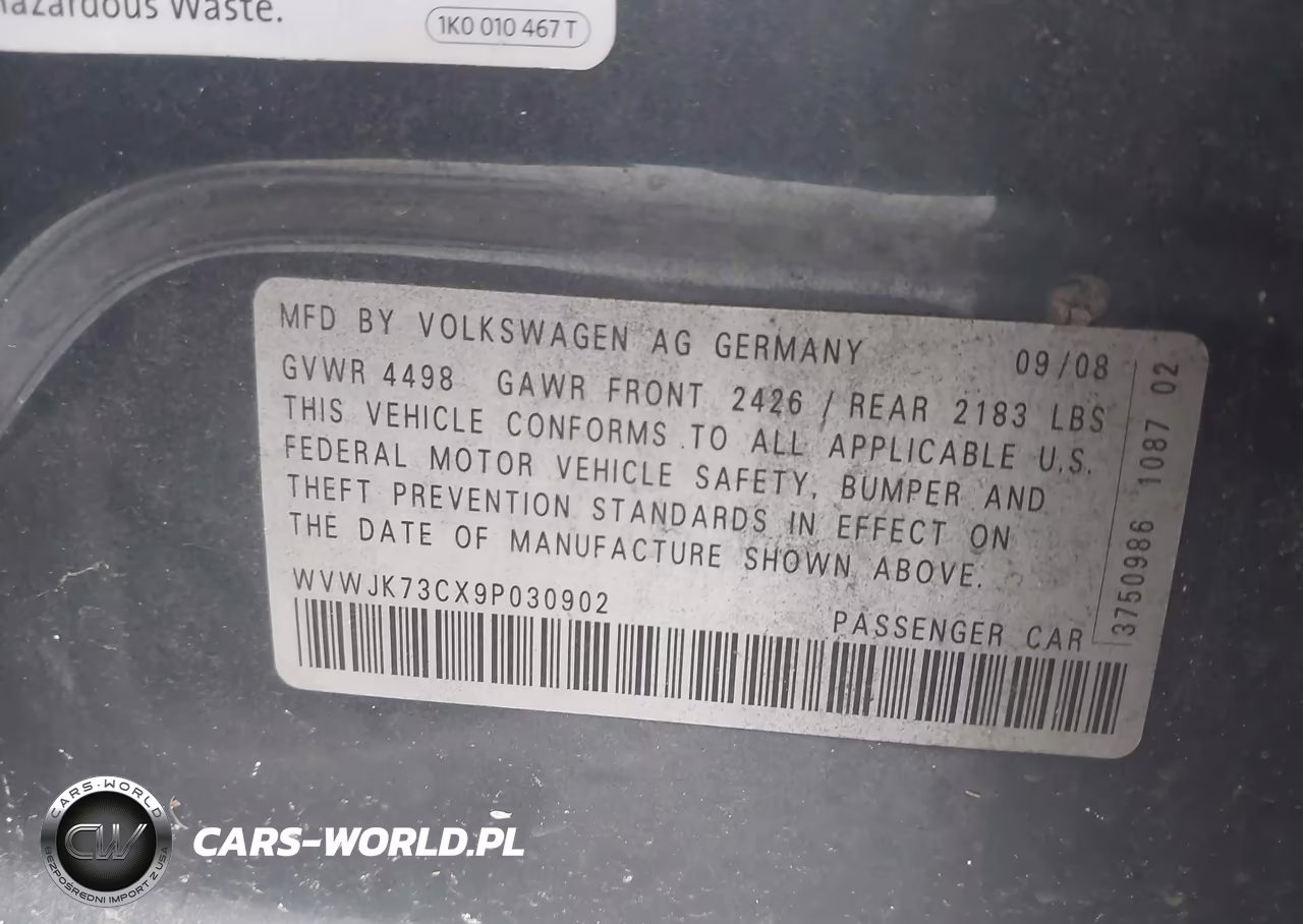2009 Volkswagen Passat Komfort VIN:WVWJK73CX9P030902 - 9
