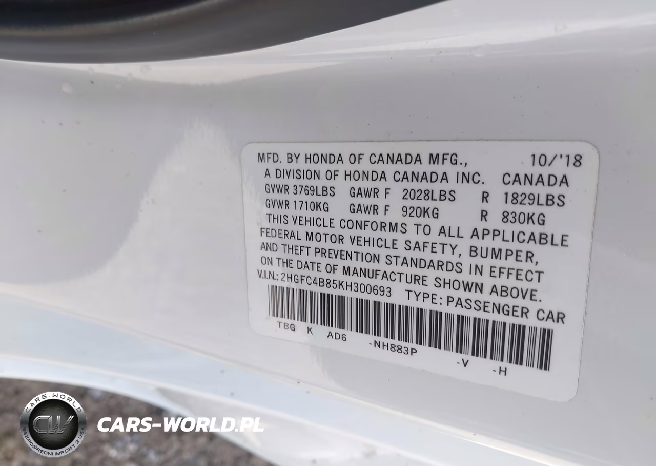 2019 Honda Civic Sport VIN:2HGFC4B85KH300693 - 9