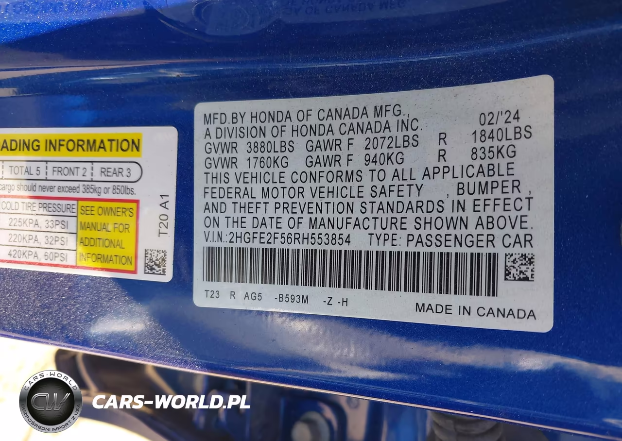 2024 Honda Civic Sport VIN:2HGFE2F56RH553854 - 9