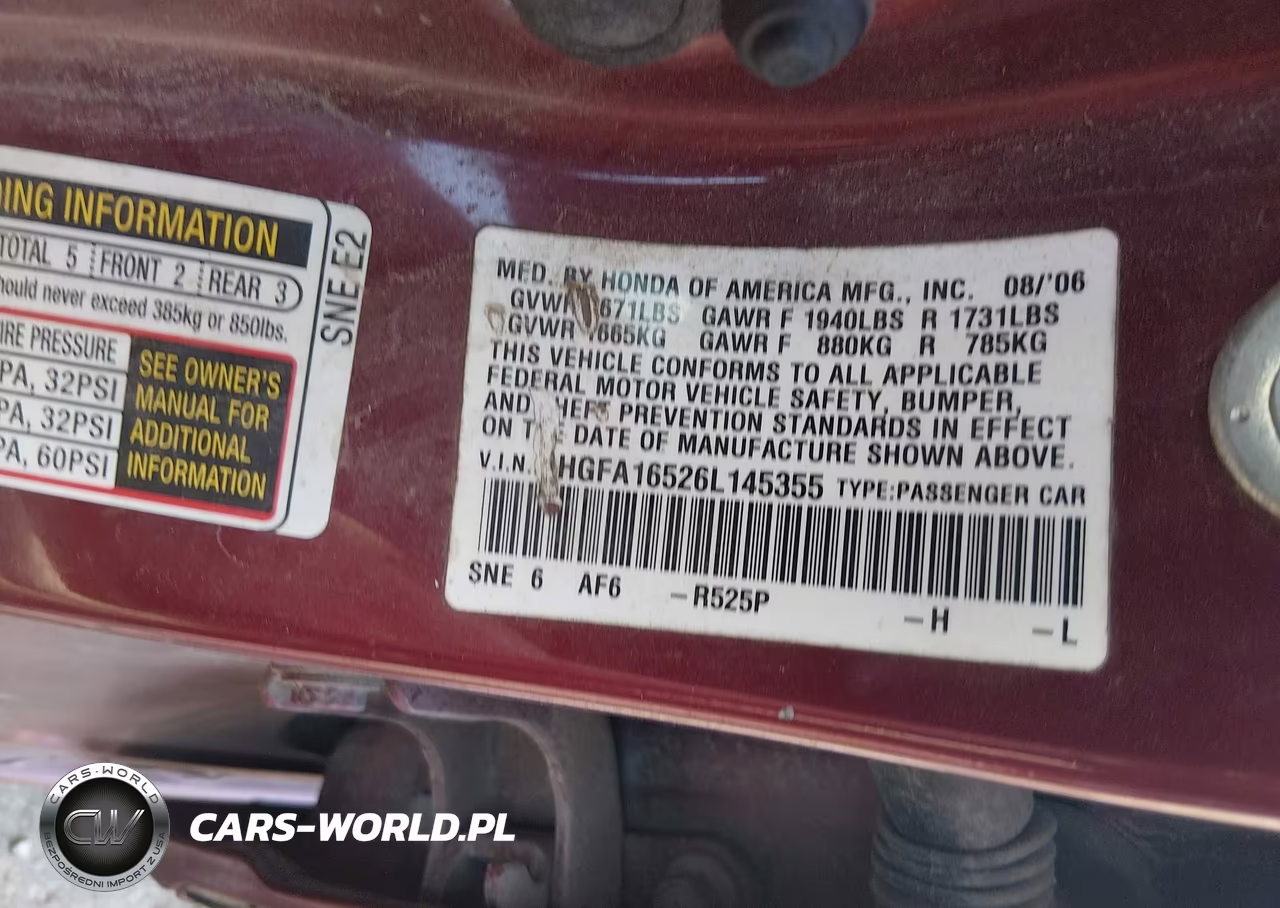 2006 Honda Civic Lx VIN:1HGFA16526L145355 - 9