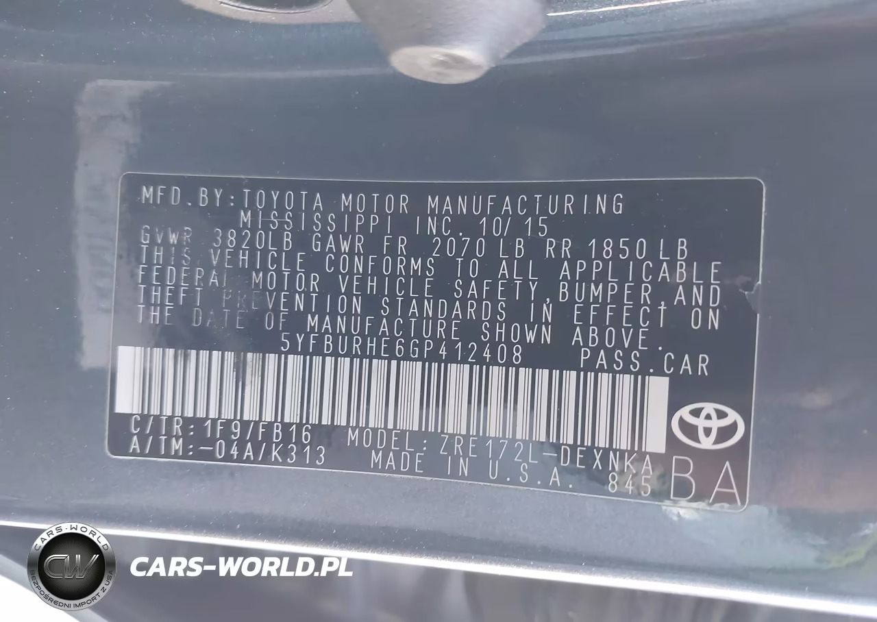 2016 Toyota Corolla Le Plus VIN:5YFBURHE6GP412408 - 9