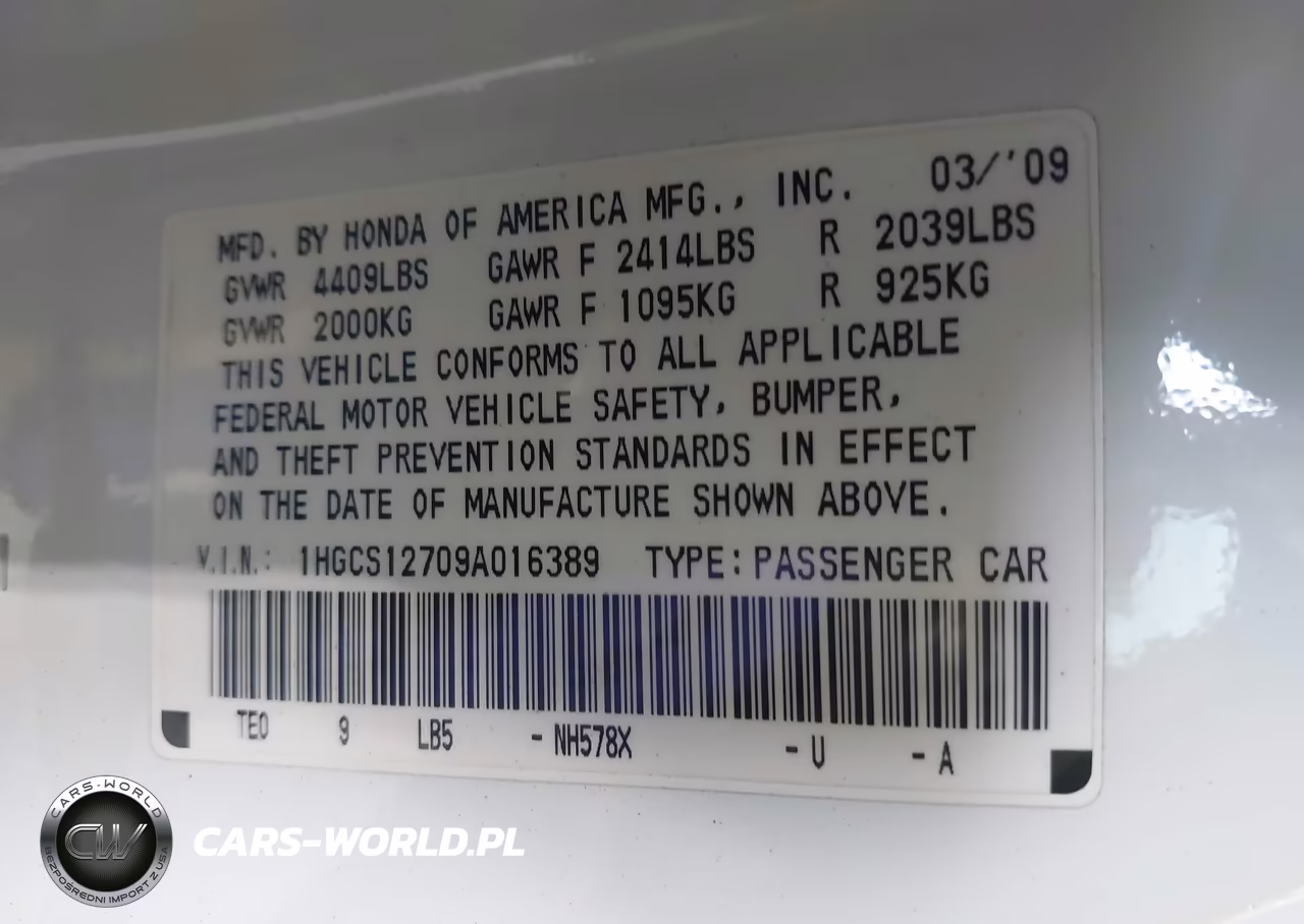 2009 Honda Accord 2.4 Ex VIN:1HGCS12709A016389 - 9