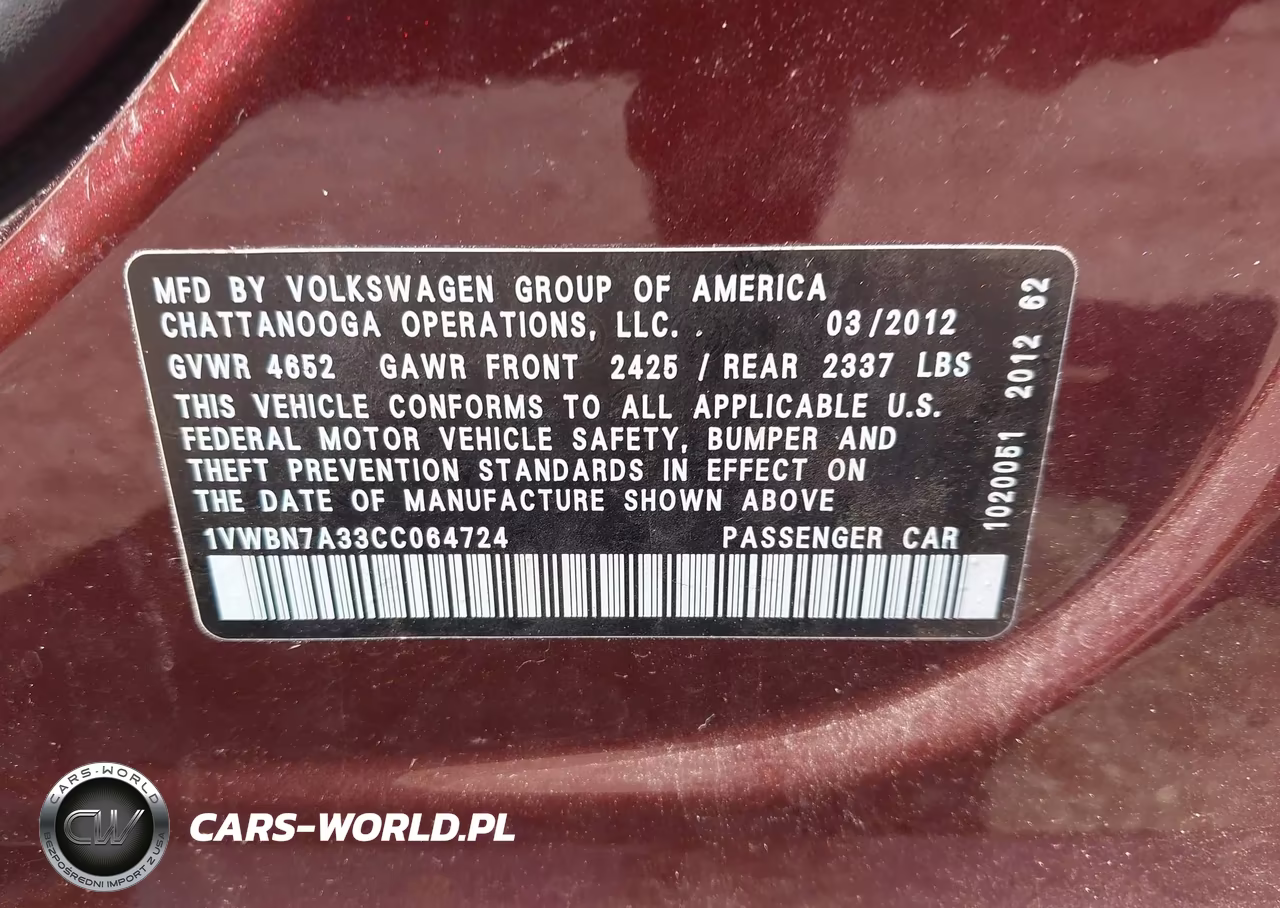 2012 Volkswagen Passat 2.0L Tdi Se VIN:1VWBN7A33CC064724 - 9