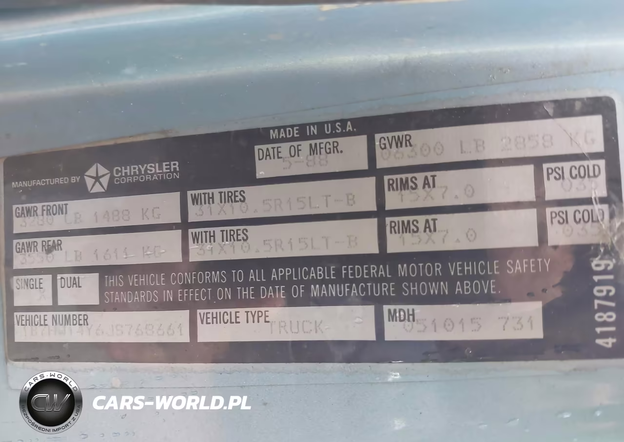 1988 Dodge W-Series W150 VIN:1B7HW14Y6JS768661 - 9