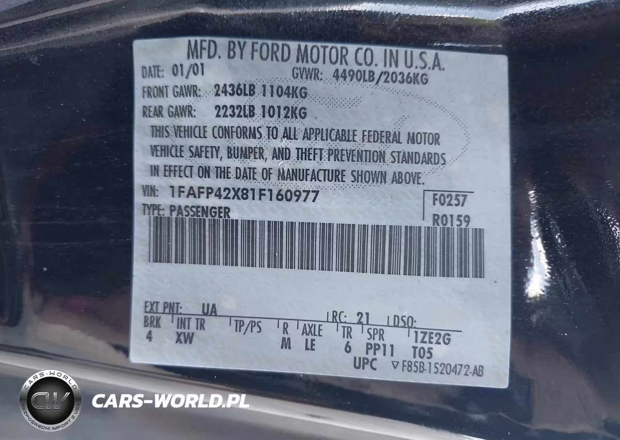 2001 Ford Mustang Gt VIN:1FAFP42X81F160977 - 9