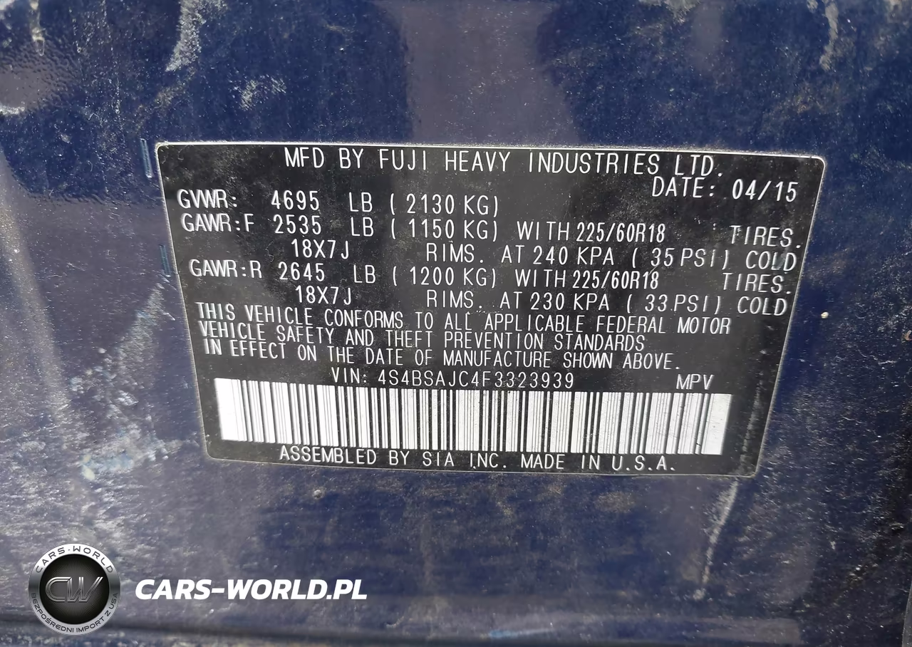2015 Subaru Outback 2.5I Limited VIN:4S4BSAJC4F3323939 - 9