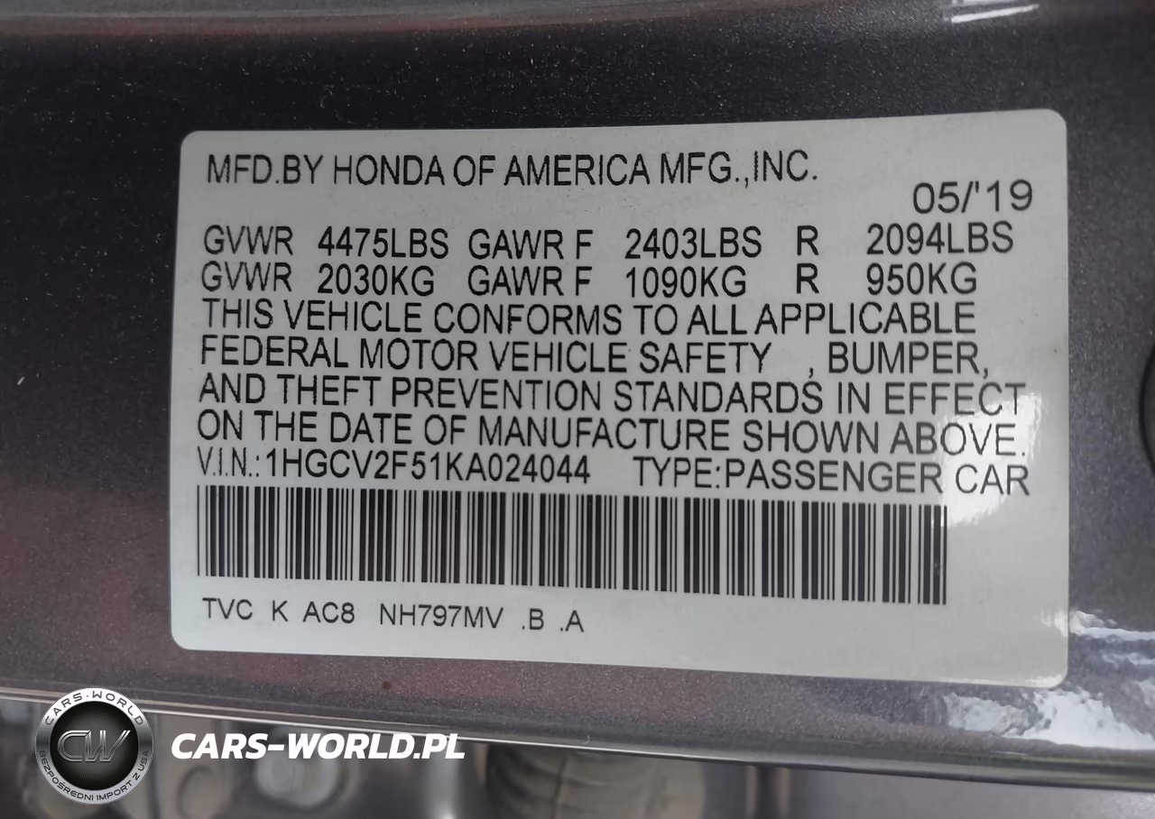 2019 Honda Accord Ex-L 2.0T VIN:1HGCV2F51KA024044 - 9