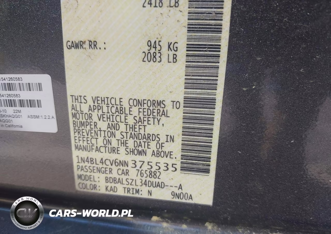 2022 Nissan Altima Sr Fwd VIN:1N4BL4CV6NN375535 - 9