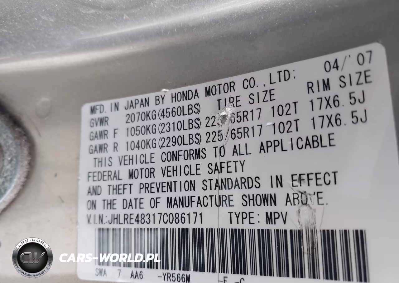 2007 Honda Cr-V Lx VIN:JHLRE48317C086171 - 9