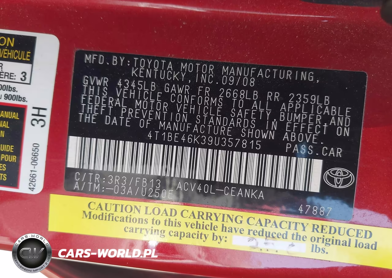 2009 Toyota Camry Le VIN:4T1BE46K39U357815 - 9