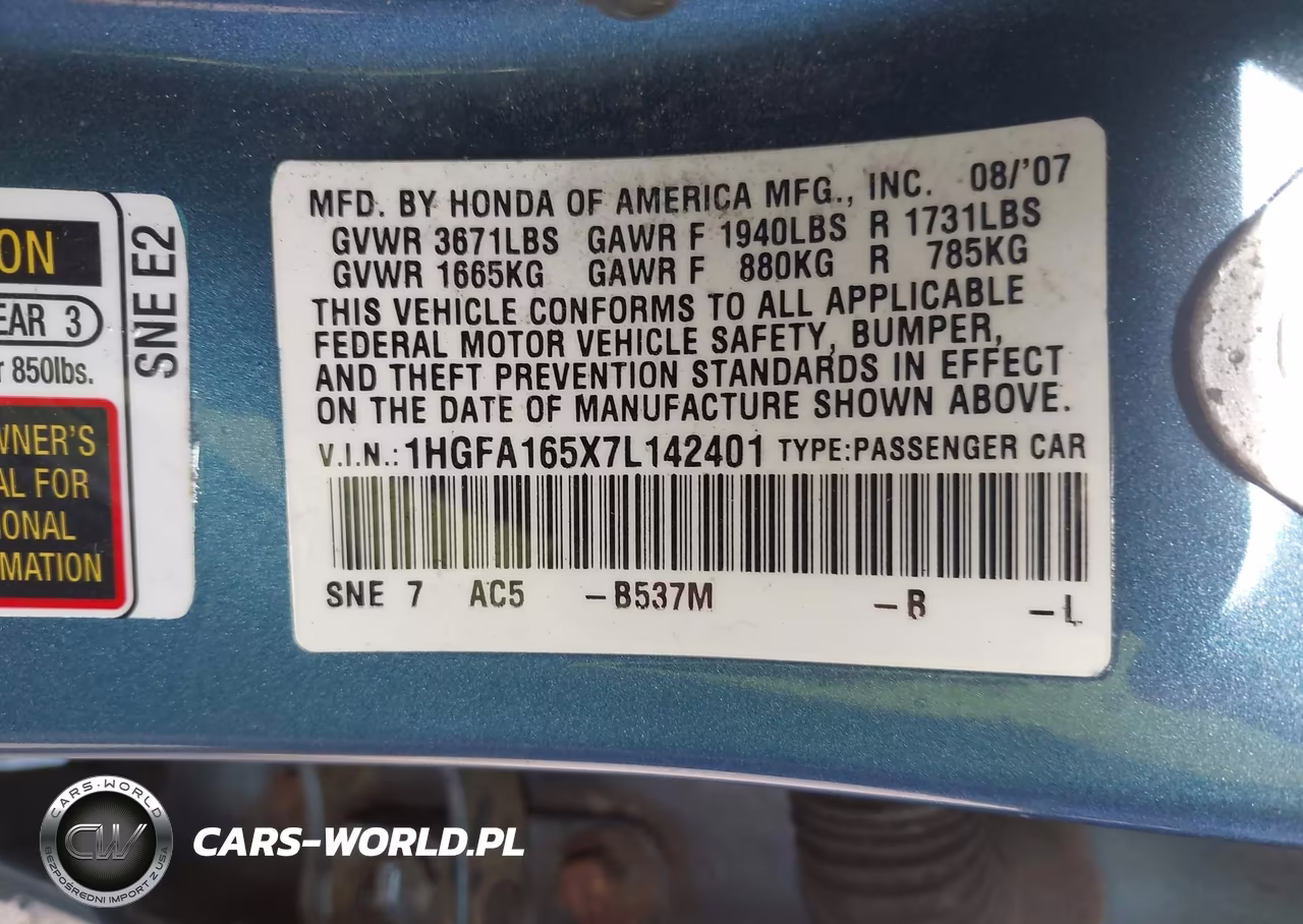 2007 Honda Civic Lx VIN:1HGFA165X7L142401 - 9