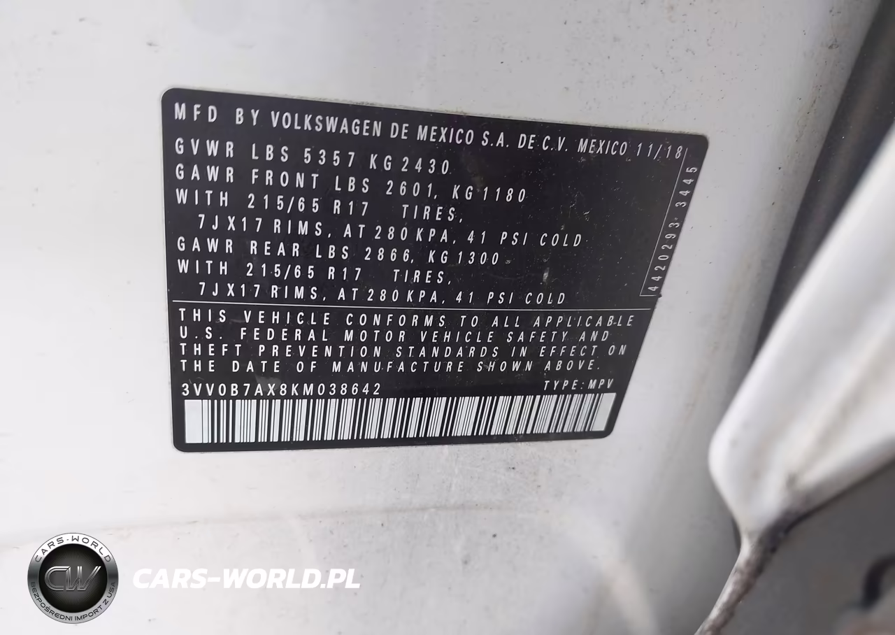 2019 Volkswagen Tiguan 2.0T S VIN:3VV0B7AX8KM038642 - 9