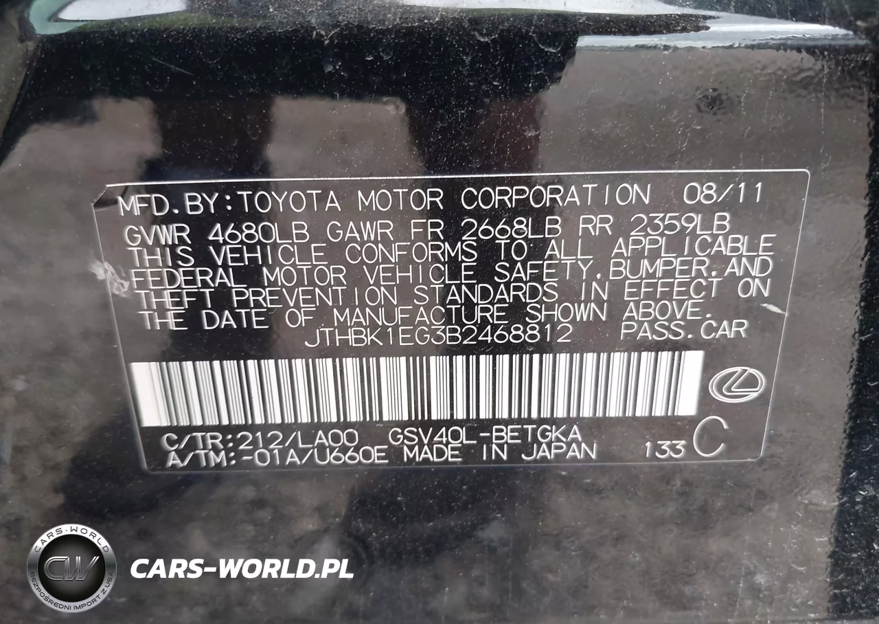 2011 Lexus Es 350 VIN:JTHBK1EG3B2468812 - 9