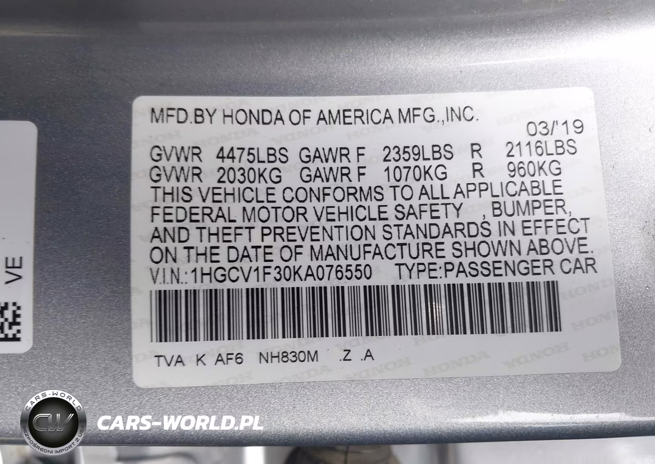 2019 Honda Accord Sport VIN:1HGCV1F30KA076550 - 9