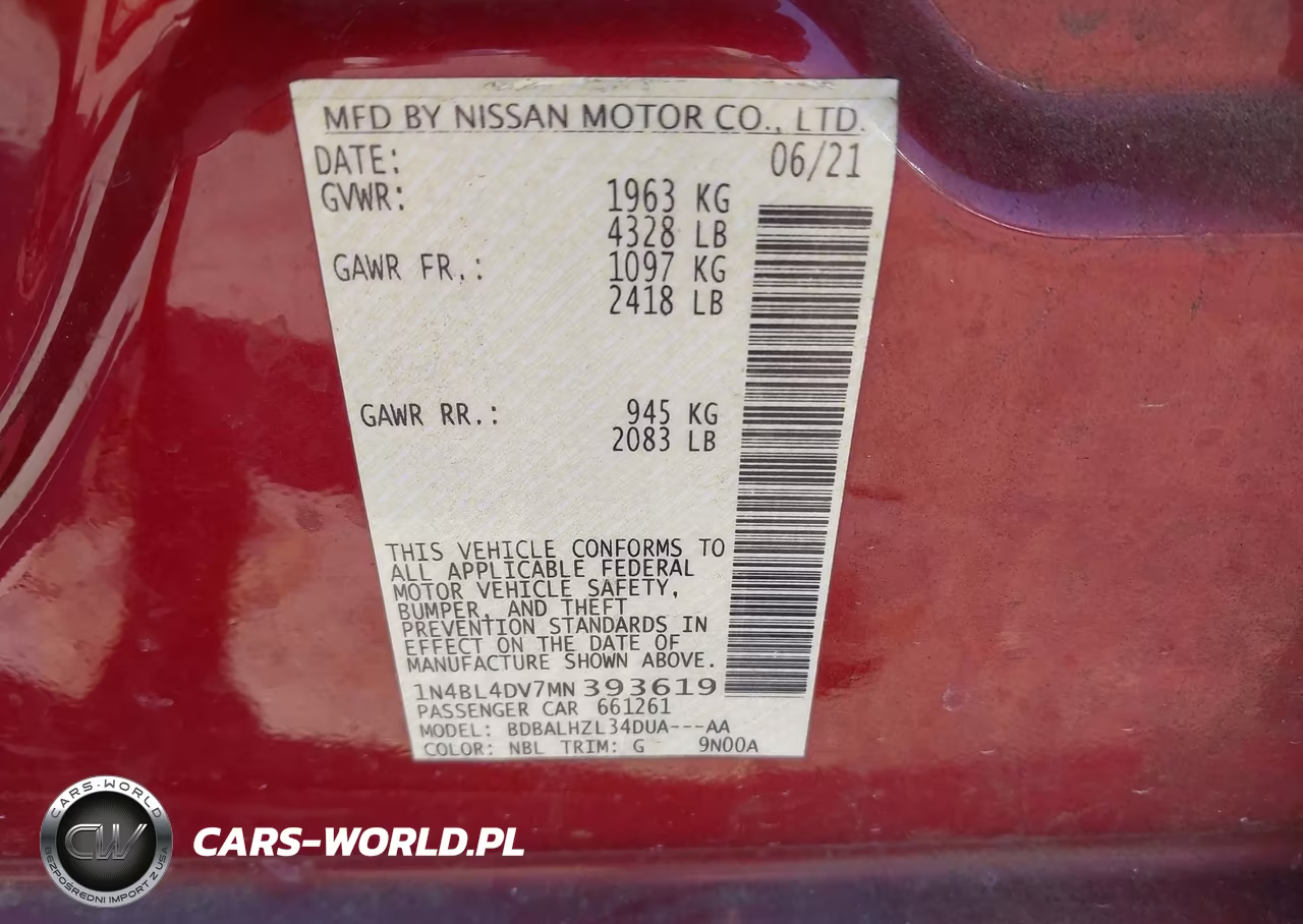 2021 Nissan Altima Sv Fwd VIN:1N4BL4DV7MN393619 - 9