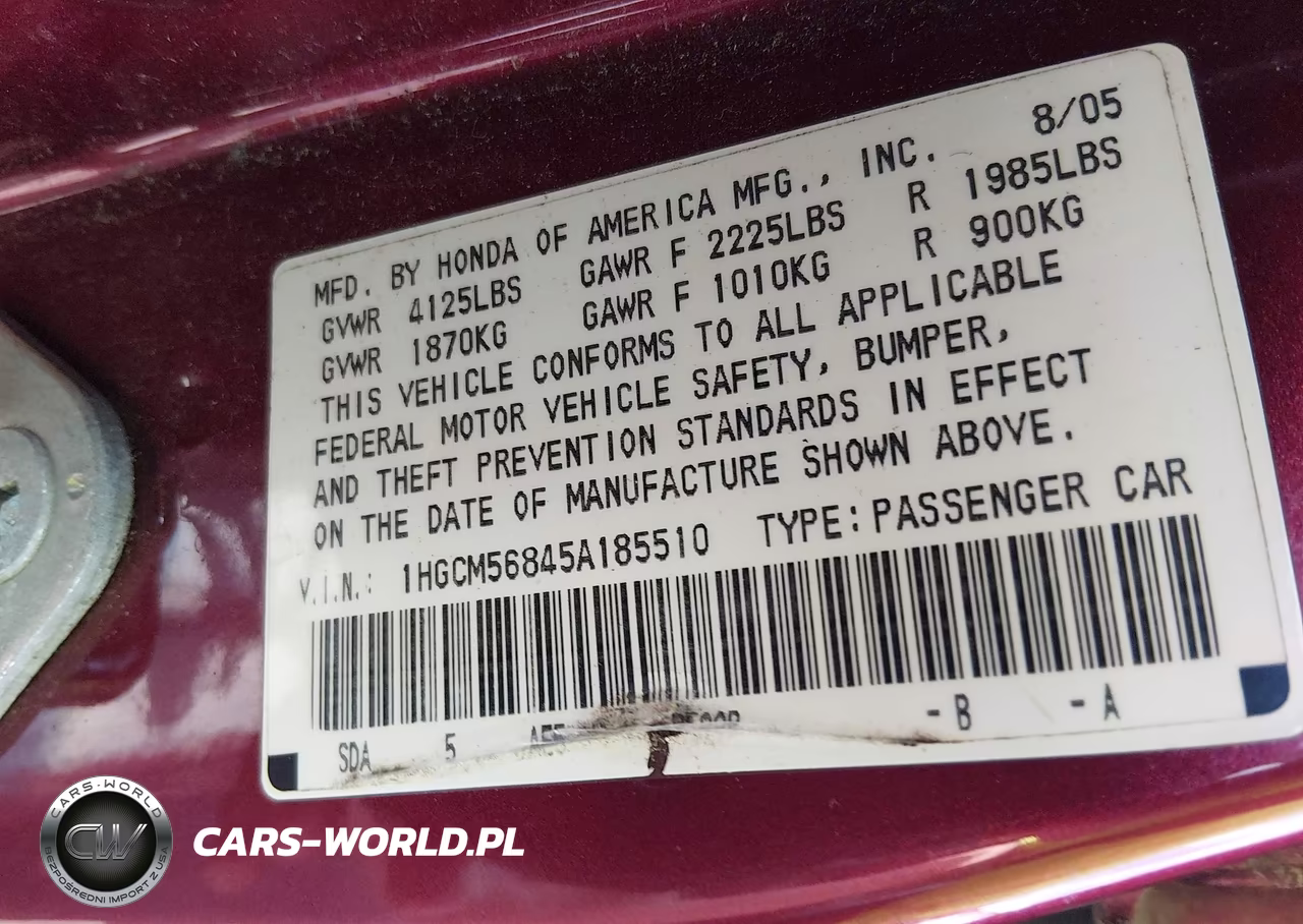 2005 Honda Accord 2.4 Ex VIN:1HGCM56845A185510 - 9