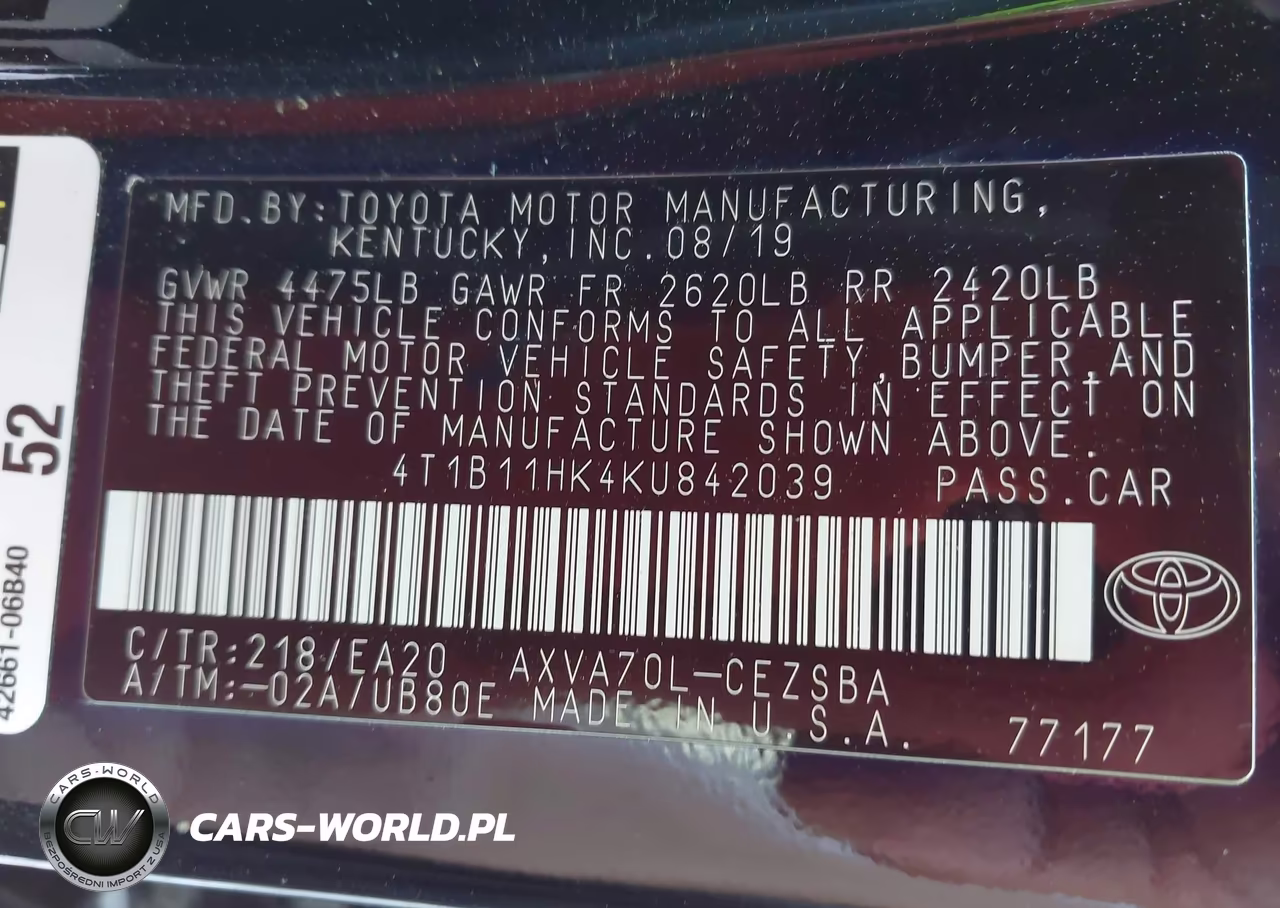 2019 Toyota Camry Se VIN:4T1B11HK4KU842039 - 9