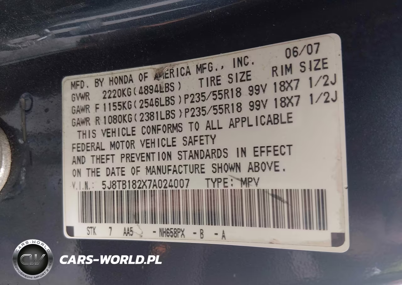2007 Acura Rdx VIN:5J8TB182X7A024007 - 9