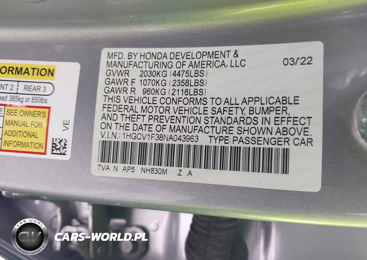 2022 Honda Accord Sport VIN:1HGCV1F38NA043963 - 9