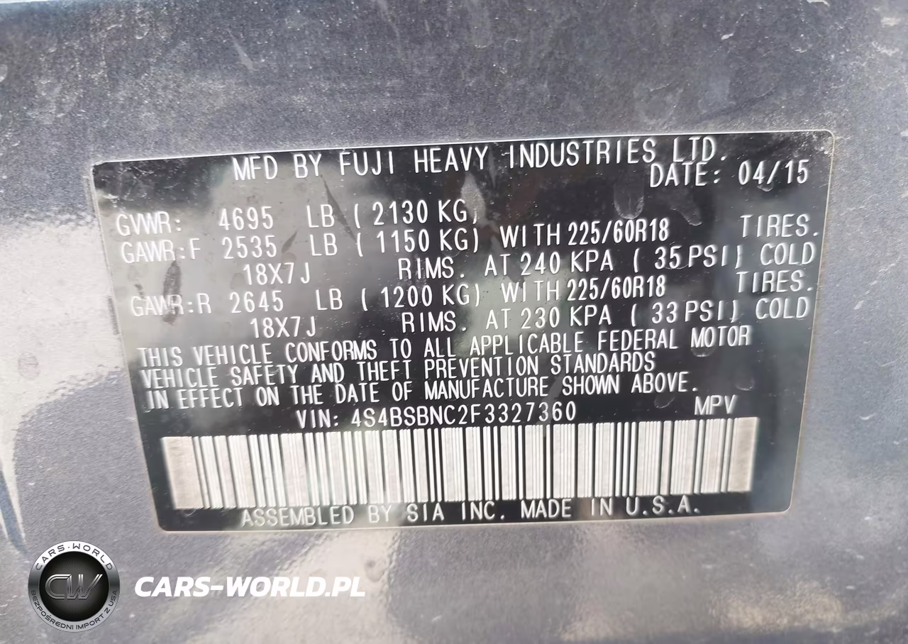 2015 Subaru Outback 2.5I Limited VIN:4S4BSBNC2F3327360 - 9