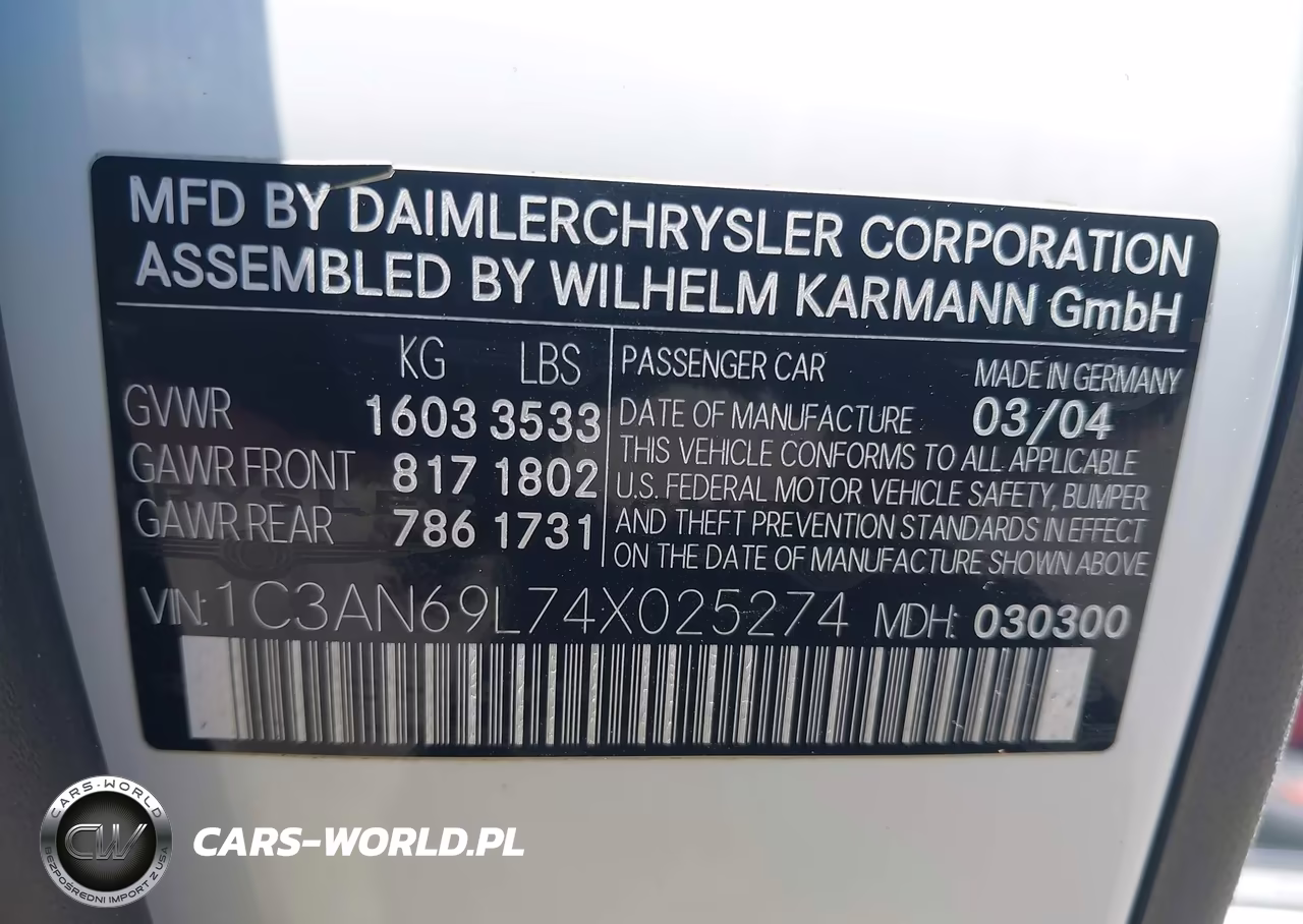 2004 Chrysler Crossfire VIN:1C3AN69L74X025274 - 9