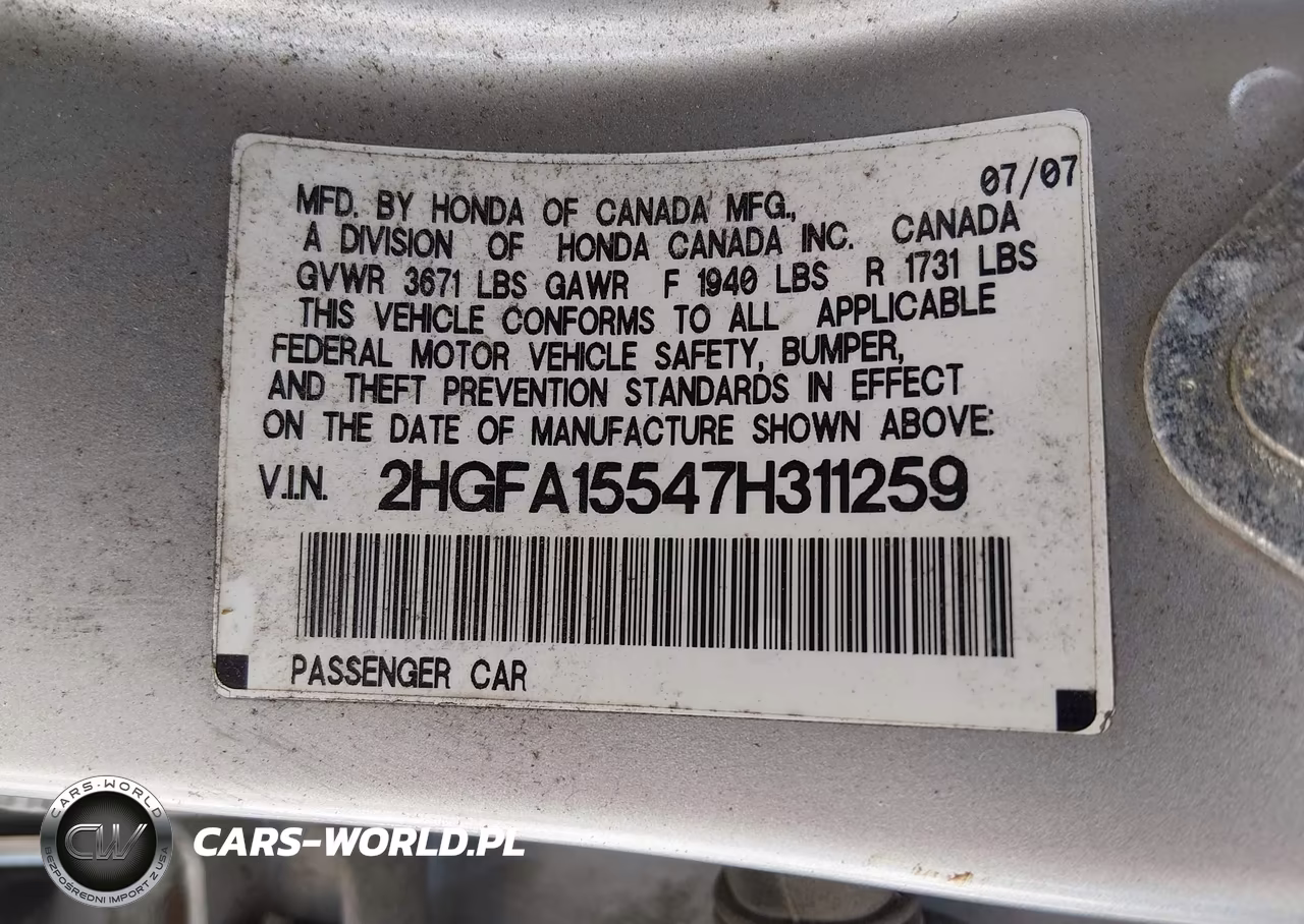 2007 Honda Civic Lx VIN:2HGFA15547H311259 - 9