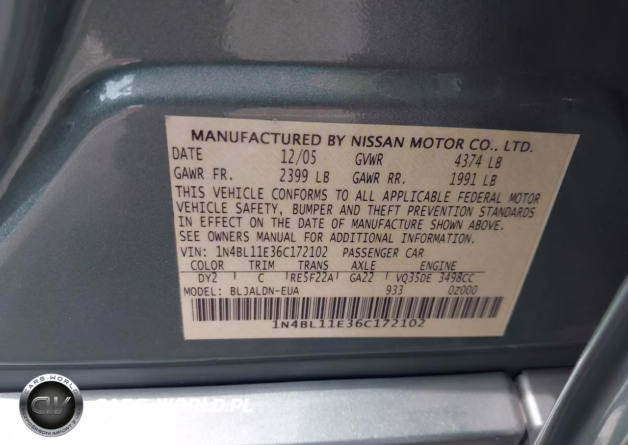 2006 Nissan Altima 3.5 Sl VIN:1N4BL11E36C172102 - 9